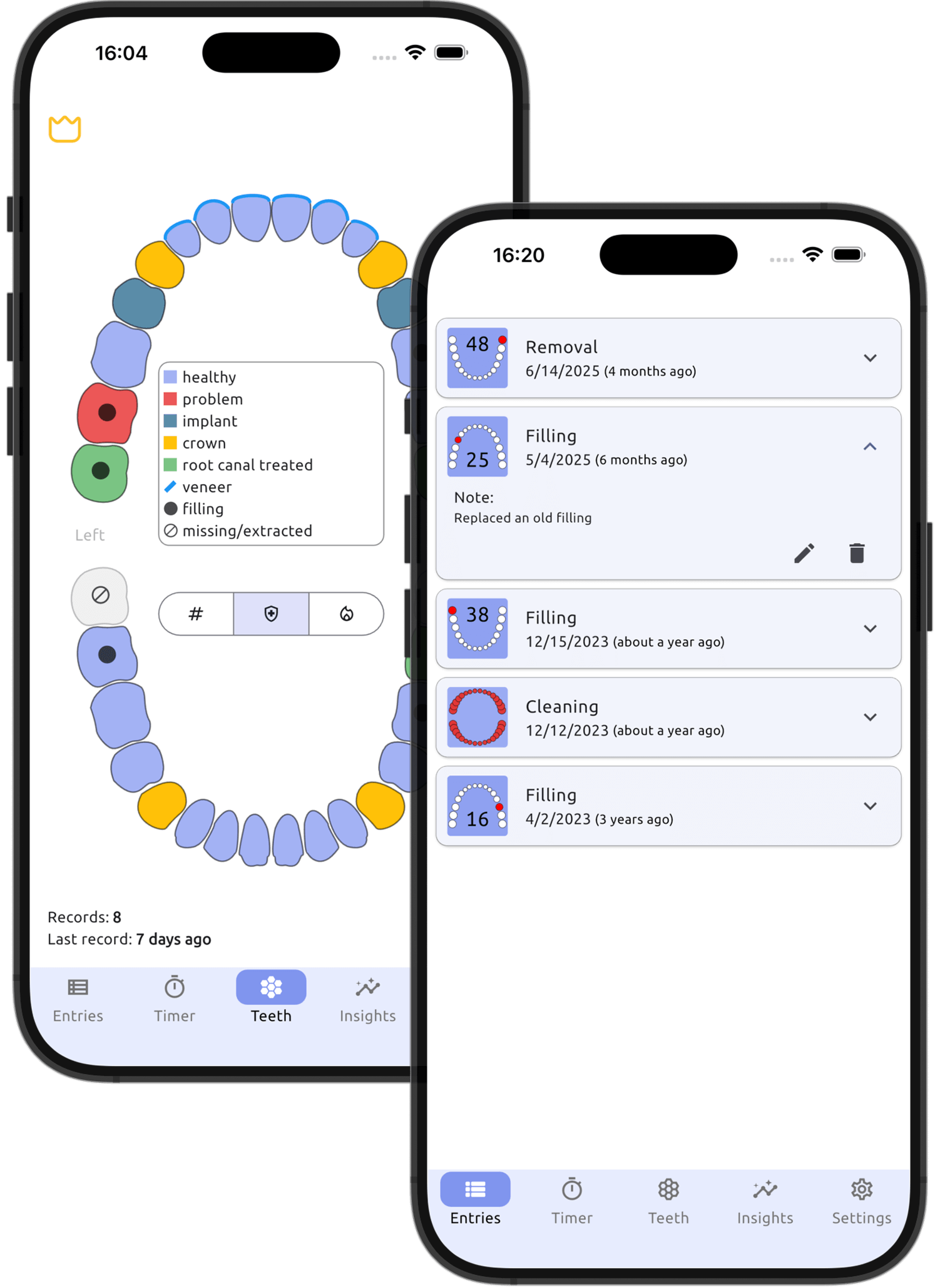 Denty app interface displaying a teeth heatmap and user notes for dental tracking